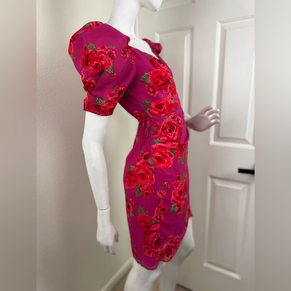 LPA Araceli Floral Puff Sleeve Wrap Mini Dress In Pink Size SMALL. B40 - Picture 8 of 14